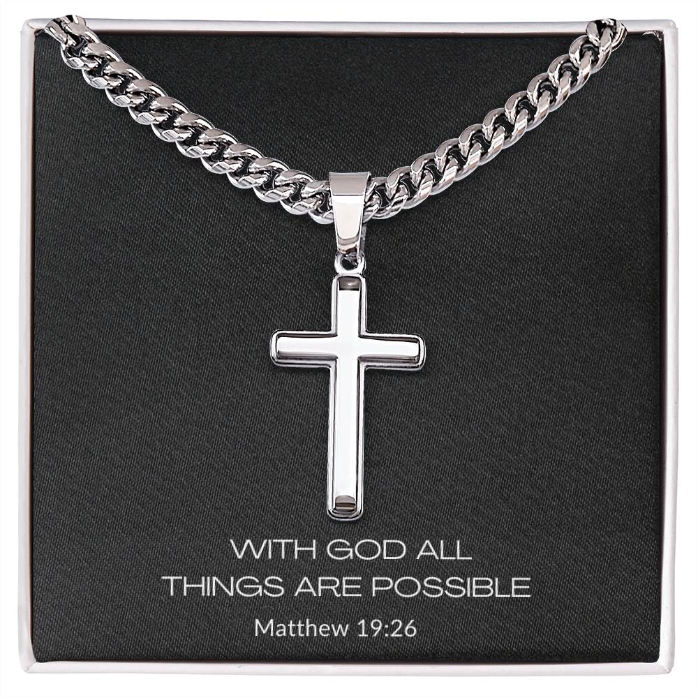 cross with cuban link chain and message