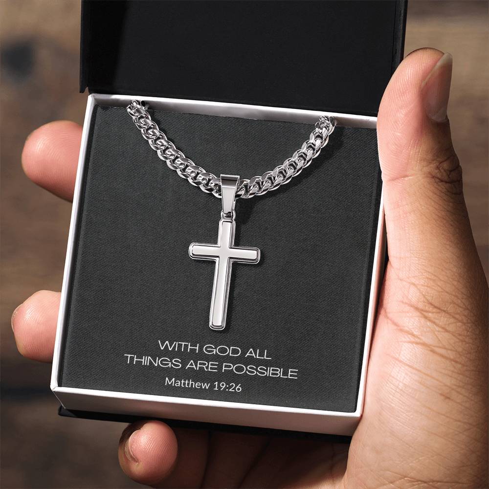 cross with cuban link chain and message