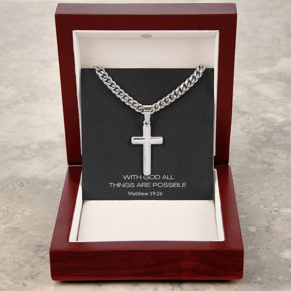 cross with cuban link chain and message in luxury box