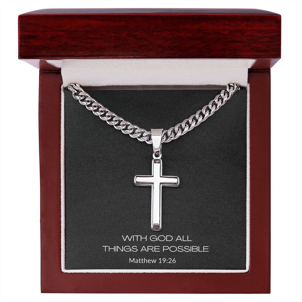cross with cuban link chain and message in luxury box