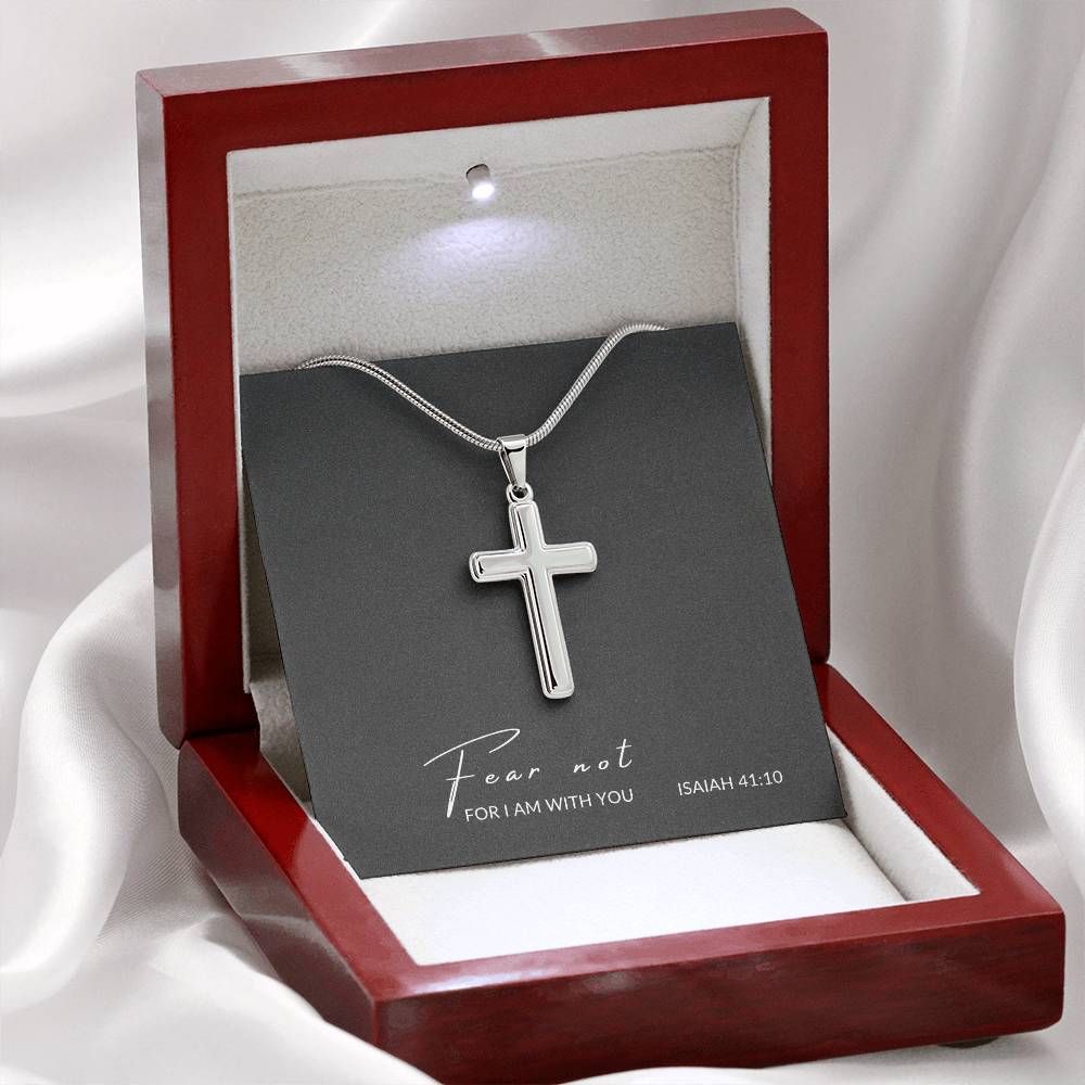 cross with cuban link chain and message in luxury box