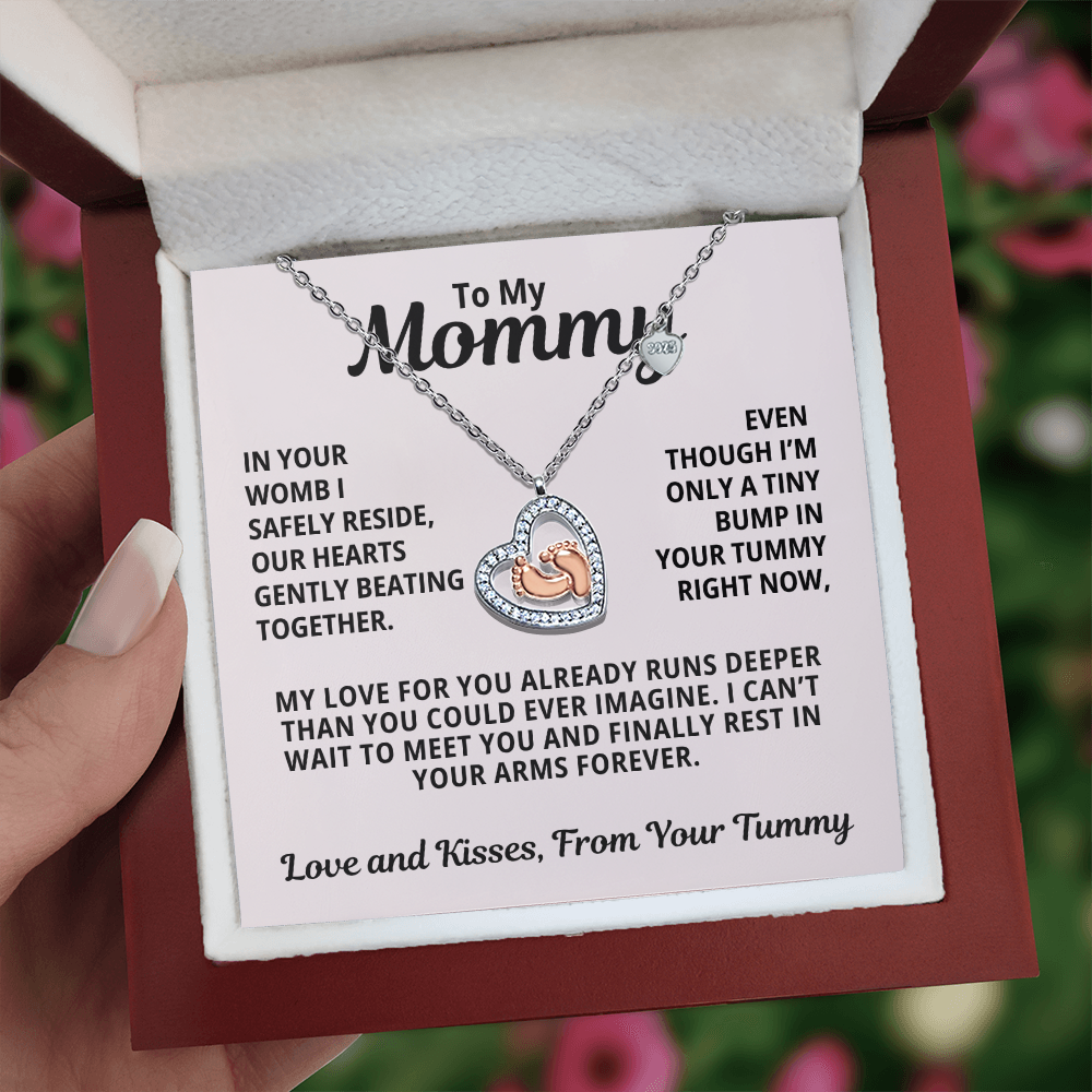 Soon-To-Be Mom Gift | Our Hearts Beat Together | Baby Feet Heart Necklace