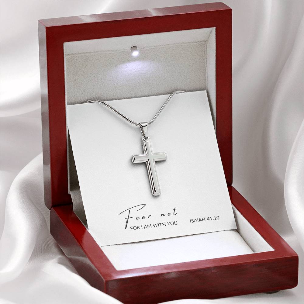 cross with cuban link chain and message in luxury box