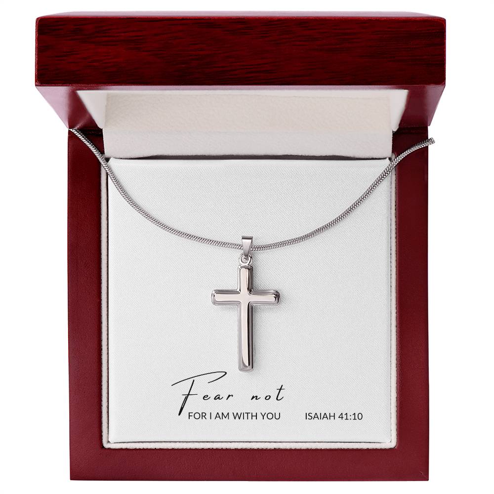 cross with cuban link chain and message in luxury box